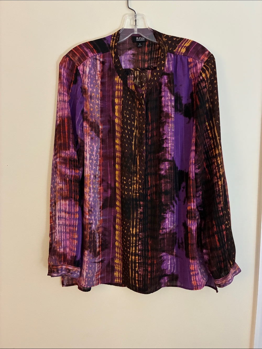 a.n.a Purple and Black Patterned Long-Sleeve Blouse with Gold Accents